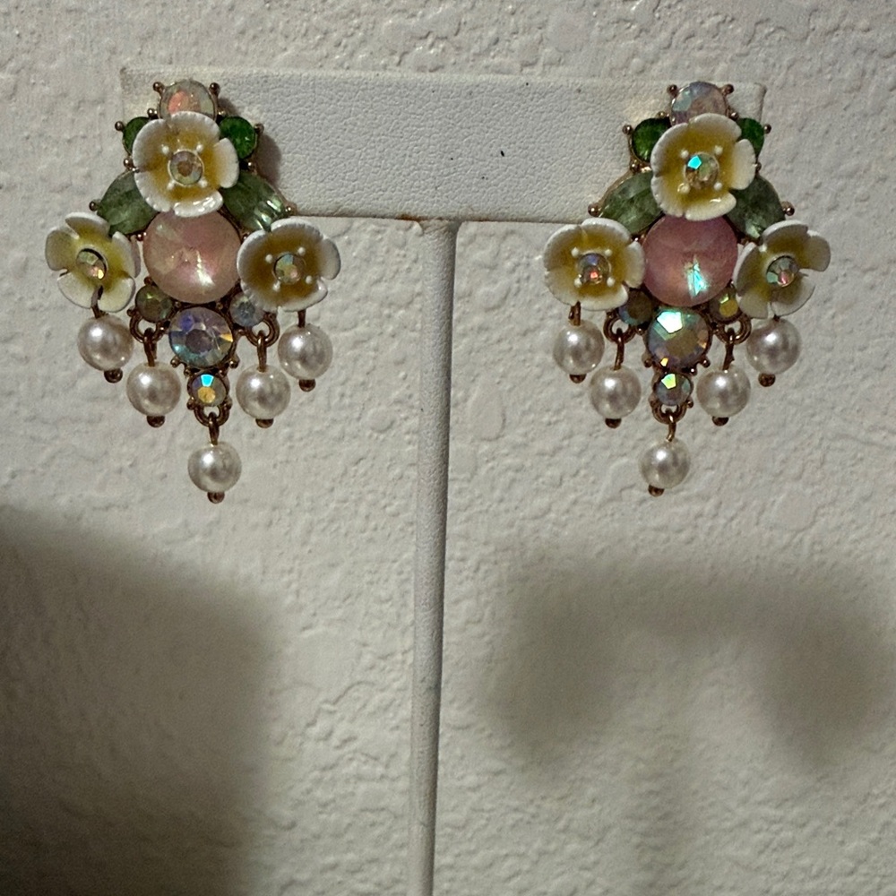 Betsey Johnson Pink, Cream & Green Floral Pearl Drop Earrings